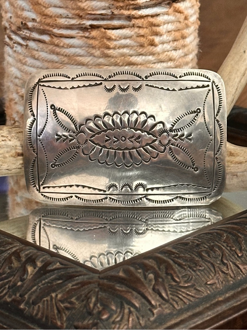 Native Sterling Silver Rectangular Belt Buckle - Intricate Stamped Design